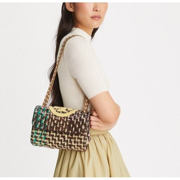 Tory Burch Fleming Tweed Convertible Shoulder Bag Brown Butter Yellow Designer - Picture 2 of 14